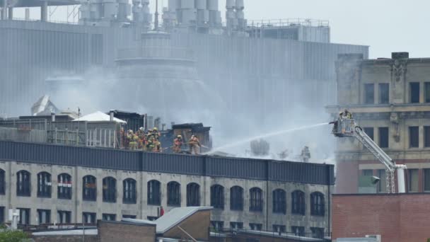 Strażacy Walczący Pożarem Dachu Zabytkowego Budynku — Wideo stockowe