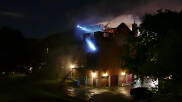 Firemen Torch Lights Flashing Dark Building Fire — Stock Video