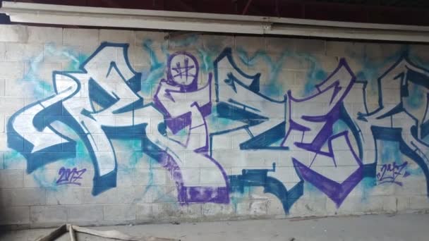 Çimento Bloğu Duvarına Boyanmış Grafitiye Yaklaşan Kamera — Stok video