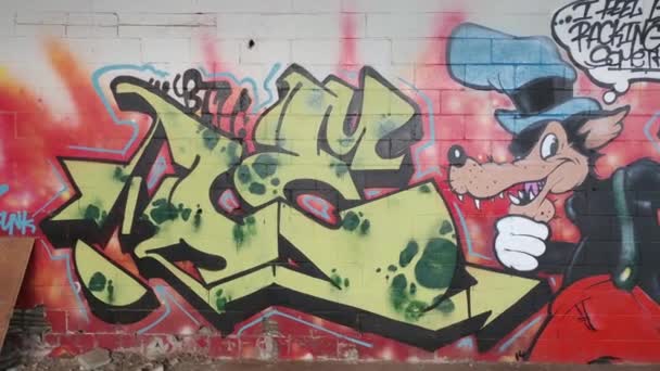 Large Graffiti Cartoon Character Painted Cement Wall — Stock Video