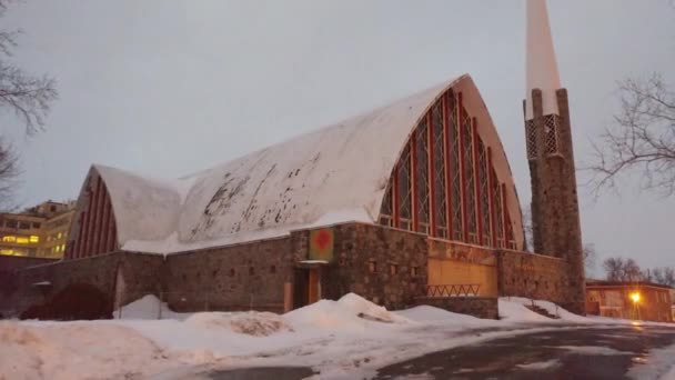 Winter Dawn View Vacant Church Snow Plywood — Stok Video