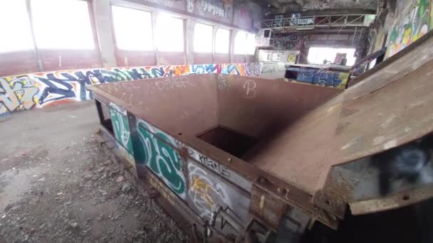 Massive Metal Chute Lays Abandoned Building Painted Tags — Stock Video