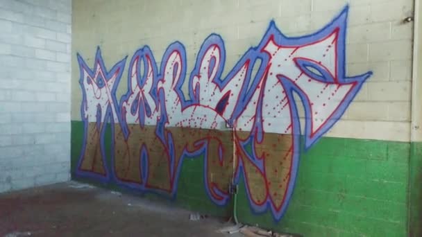 Steadicam Shot Van Stedelijke Verkenning Met Graffiti Aan Muur — Stockvideo