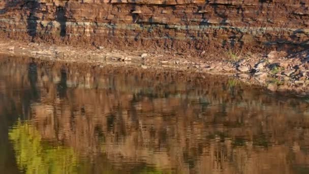 Corriente Reflectante Tranquila Agua Que Fluye Lentamente Escarpa Rocosa Estratificada — Vídeo de stock