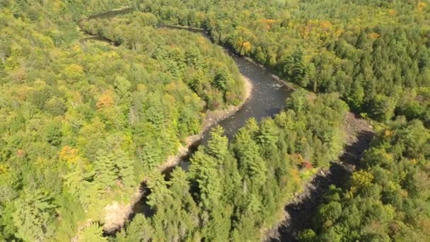 Drone Draait Langzaam Stromende Rivier Naast Een Opgedroogde Rivierbedding — Stockvideo