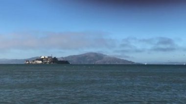 Alcatraz hapishanesi kayalık adasında kuşlar uçuşurken güçlü duruyor.