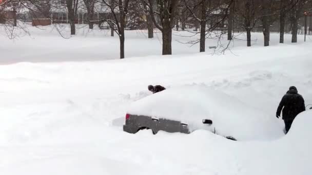 下大雪时 夫妻二人在车道上扫雪 — 图库视频影像