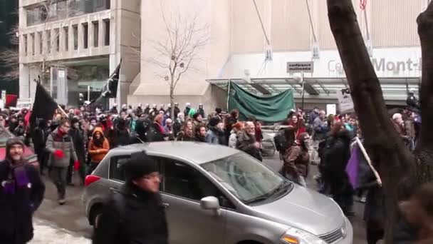Una Folla Manifestanti Con Bandiere Cammina Lungo Strada Del Centro — Video Stock