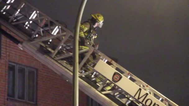 Feuerwehrmann Klettert Leiter Montreal Hinunter — Stockvideo