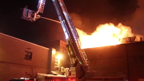 Пожежники Нацелі Розпилюють Воду Вогонь — стокове відео