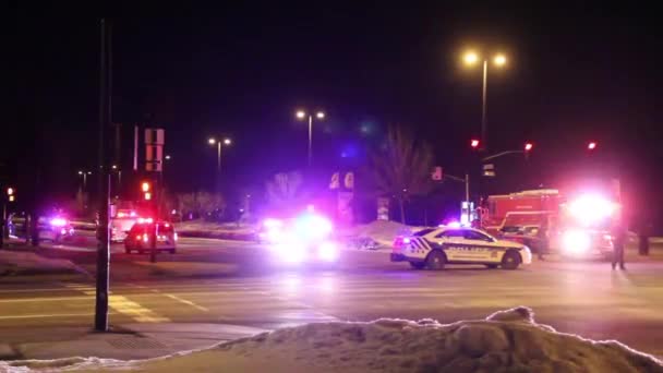Feuerwehrleute Und Sanitäter Bei Einem Nächtlichen Autounfall Mit Einem Polizeiauto — Stockvideo