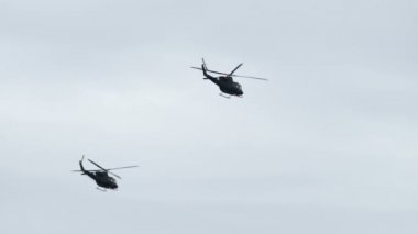 İki ordu helikopteri yan yana uçuyor.