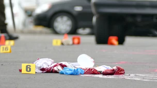 Bloodied Clothes Laying Ground Crime Scene — Stock Video