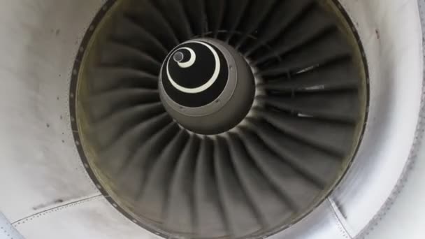 Commercial Jet Engine Turbine Closeup Spiral Turning Slowly — Stock Video