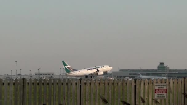 Boeing B737 Westjet Kalkış Görüntüsü Havaalanında Duracağız — Stok video