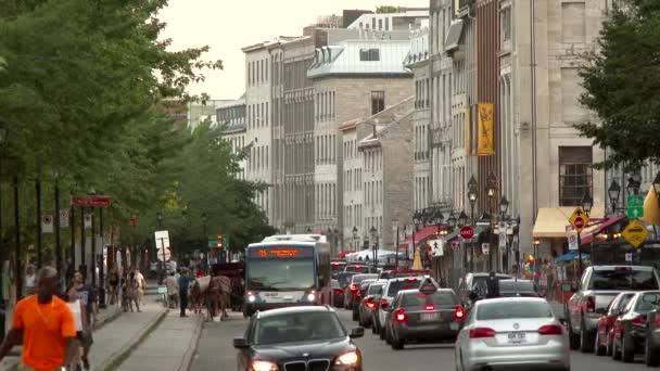 在有旧楼背景的旅游城镇 公交在人群中穿行 — 图库视频影像