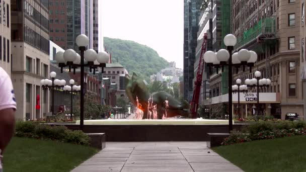 Városközpont Szökőkút Lámpaoszlopokkal Épületekkel Hegyekkel — Stock videók