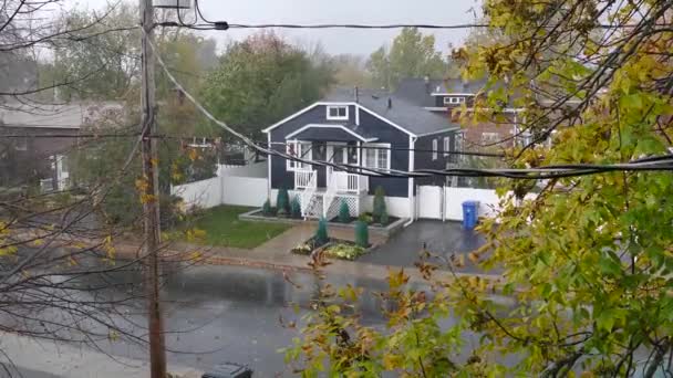 Hagel Falla Bostadsområde Med Vind Blåser Träd — Stockvideo