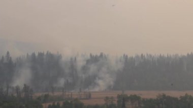 Uzaktaki helikopter, yıkıcı yangınların üzerinde su kovası taşırken uçuyor.