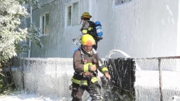 在阳光下 两名消防员在镜头前并排跑着 — 图库视频影像