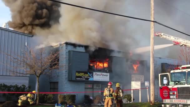 Fiery Commercial Building Incident Water Being Applied Fire Fighters — Stock Video