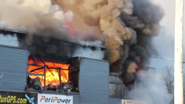 Płomienie Sporadycznie Palą Gorący Dym Końcu Pochłonąć Wyrwać Budynku — Wideo stockowe