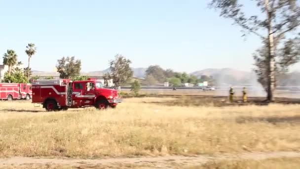 Old Vintage Red Fire Truck Arriving Brush Fire — Stock Video