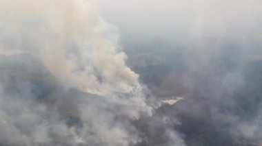 Göl yangınından yükselen büyük duman sütununun havadan görünüşü