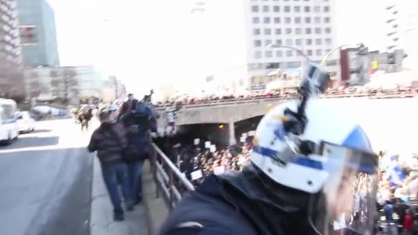 Riot Police Officer Helmet Gopro Observing Huge Crowd Protesters — Stock Video