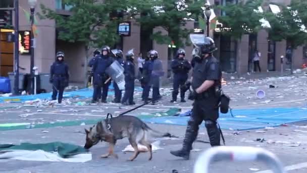 Perro Del Oficial Policía Registra Terreno Motín Que Interrumpió Ciudad — Vídeo de stock