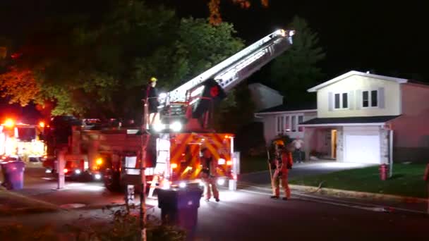 Pan Shot Car Fire Parked Fire Truck Half Erect Ladder — Stock Video