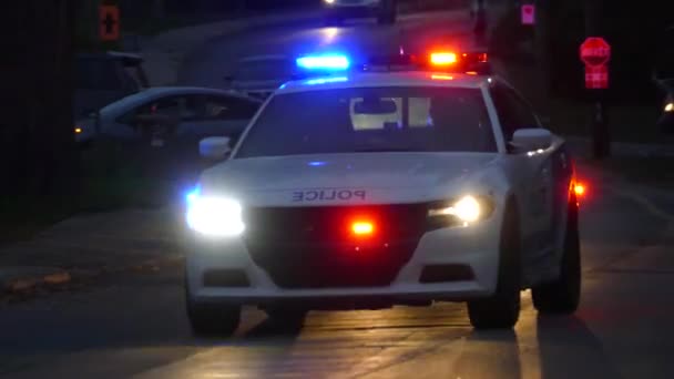 Поліцейська Машина Монреаль Прибуває Місце Злочину Світанку Блиском Світла — стокове відео