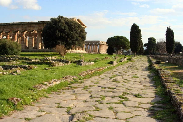 Paestum Antiga Cidade Grega Itália Com Ruínas Bem Preservadas Templos — Fotografia de Stock