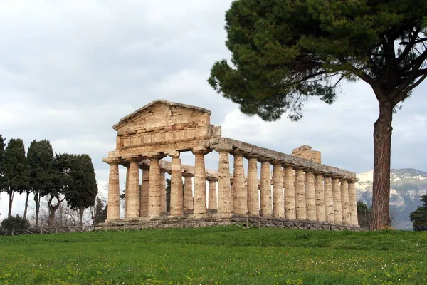 Paestum Antiga Cidade Grega Itália Com Ruínas Bem Preservadas Templos — Fotografia de Stock