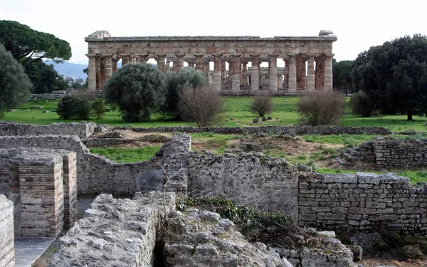 Paestum Starożytne Greckie Miasto Włoszech Dobrze Zachowanymi Ruinami Zabytkowych Świątyń — Zdjęcie stockowe