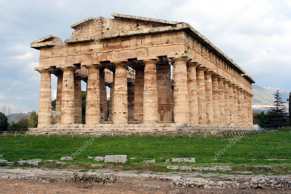 Paestum, ancient Greek town in Italy with well preserved ruins of antique temples 