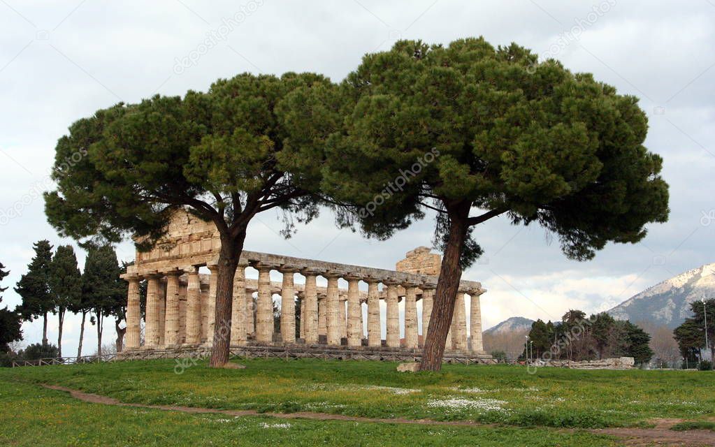 Paestum, ancient Greek town in Italy with well preserved ruins of antique temples 