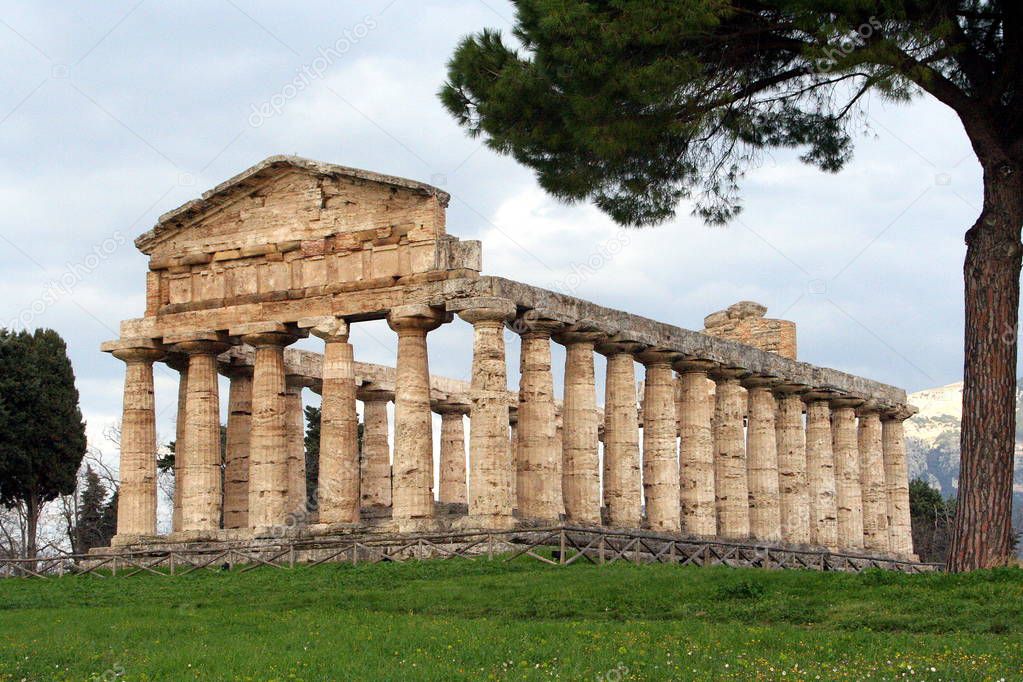 Paestum, ancient Greek town in Italy with well preserved ruins of antique temples 