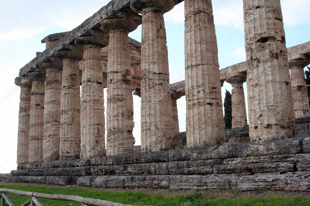 Paestum, ancient Greek town in Italy with well preserved ruins of antique temples 