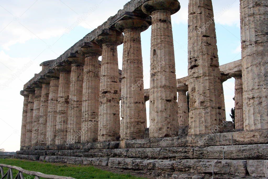 Paestum, ancient Greek town in Italy with well preserved ruins of antique temples 