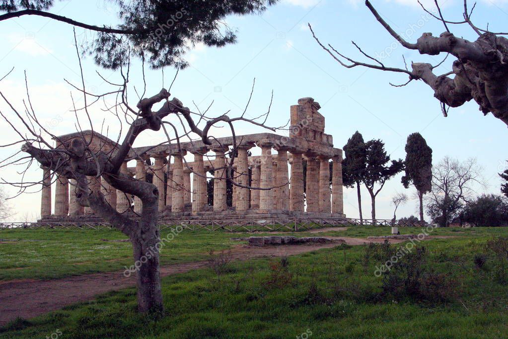 Paestum, ancient Greek town in Italy with well preserved ruins of antique temples 