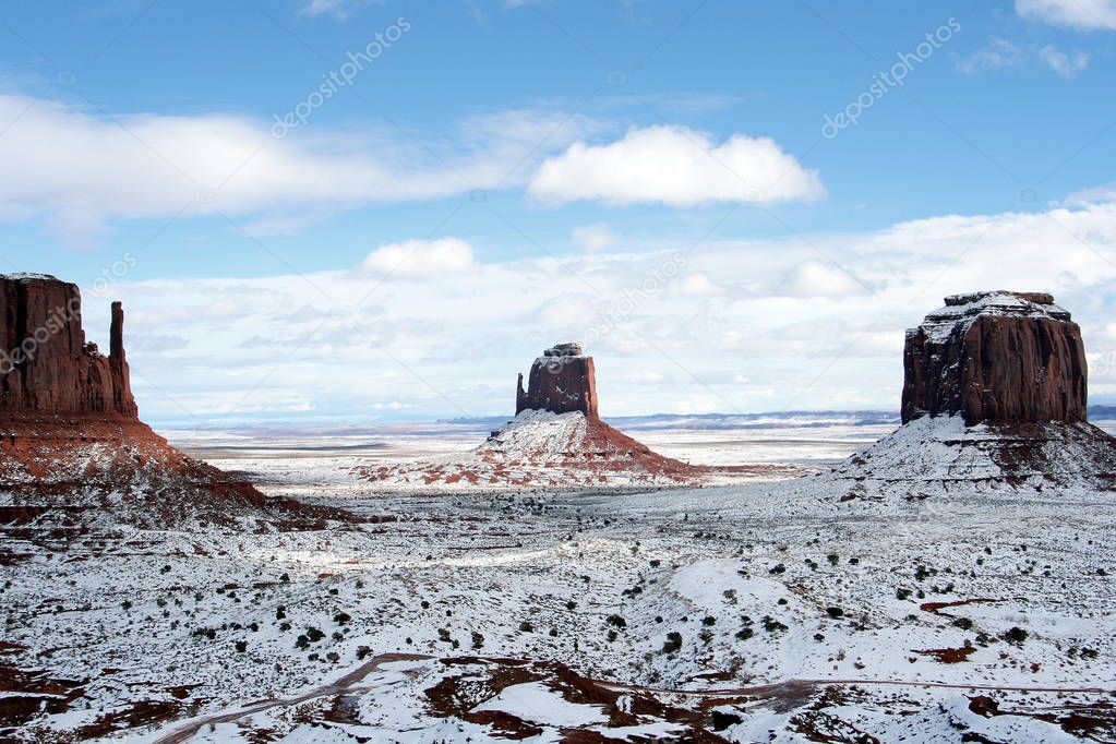 West Mitten, East Mitten and Merrick Buttes after snowfall, Monument Valley, Arizona, USA