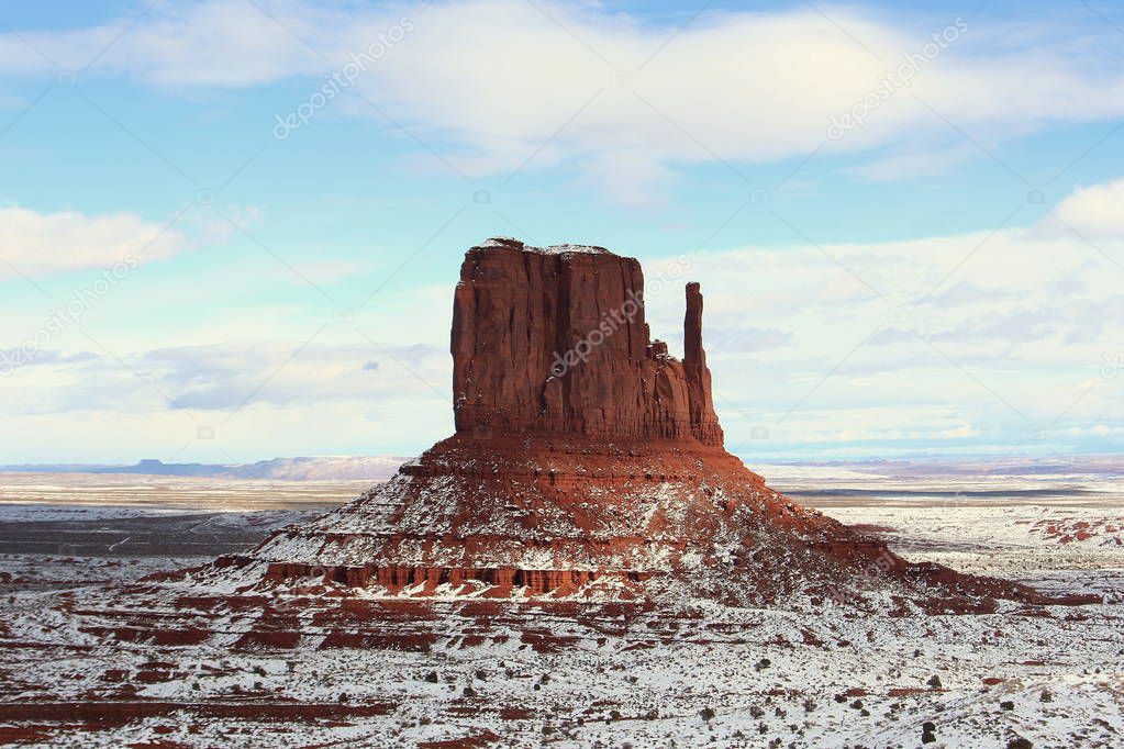 West Mitten Butte after snowfall, Monument Valley, Arizona, USA
