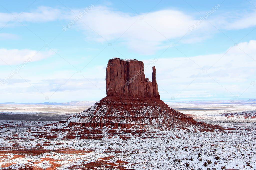 West Mitten Butte after snowfall, Monument Valley, Arizona, USA