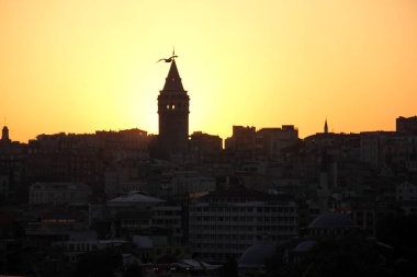Şehrin silueti gün batımında Galata Kulesi ve uçan martılarla birlikte yükselişte, İstanbul, Türkiye