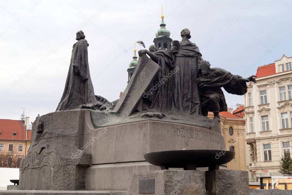 Jan Hus Memorial at Old Town Square in Prague built in 1915, Prague, Czech Republic - January 8, 2020
