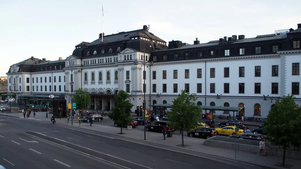 Hlavní Průčelí Hlavního Nádraží Stockholm Při Západu Slunce Švédsko Května — Stock fotografie