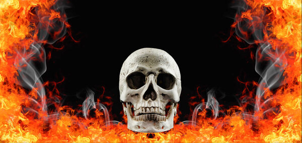 human skull in fire flame