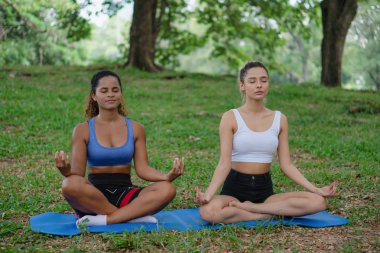 Kafkasyalı ve Afrikalı Amerikalı kadın arkadaşlar yog yapmaktan zevk alıyorlar.