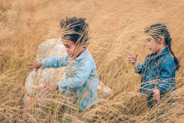 asi 'nin çeşitli insanlarının bulanık arka planına sahip kuru çimen alanı